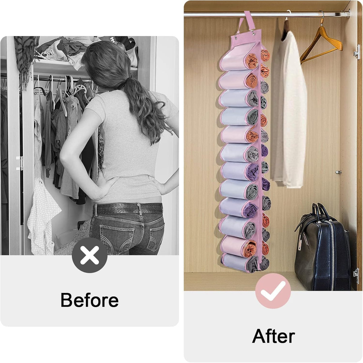 DHSFKBE Legging Organizer Storage, Shirt Organizer, Foldable Hanging Closet Organizer Storage with 26 Roll Independent Compartments for Yoga Pants, Tank Top, Towel, Underwear (Pink)