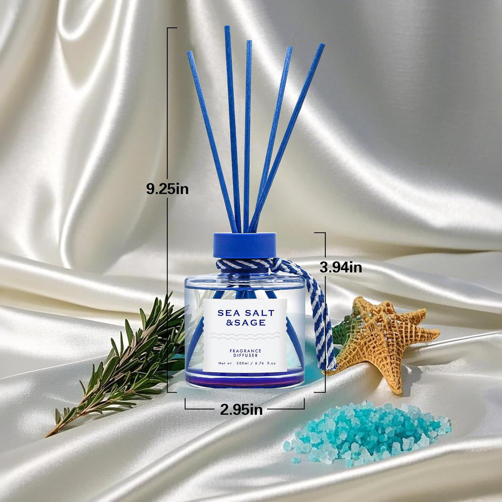 Sea Salt Reed Diffuser, 6.77OZ/200ML Large Capacity Natural Non-Toxic Oil, Long-Lasting Fragrance Reed Diffusers Set for Home and Bathroom, Aroma with 5 Reed Diffuser Sticks