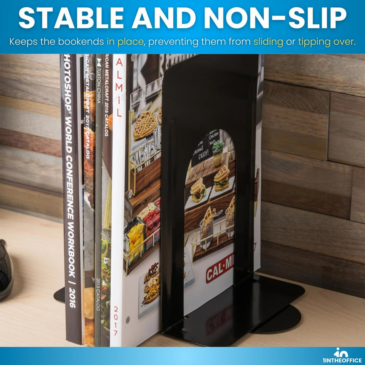 1InTheOffice Bookends for Shelves, Metal Bookends, 4 3/4" x 5 1/4" x 5", Non-Slip, Black, 4 Pack