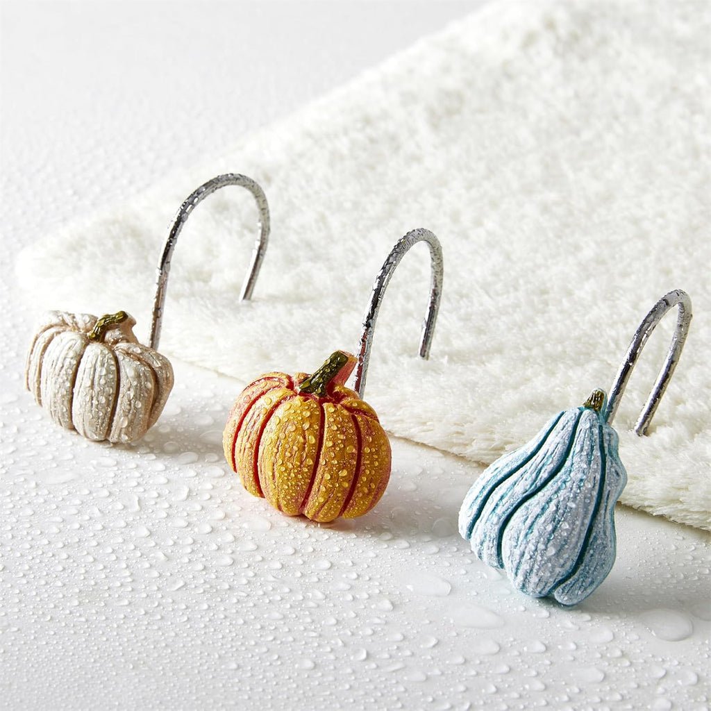 12PCS Cute Pumpkins Decorative Shower Curtain Hooks Rings for Fall Autumn Shower Curtains Bathroom Decorations Accessories Set, Metal Rustproof Thanksgiving Farmhouse Rustic Fall Shower Curtain Hooks