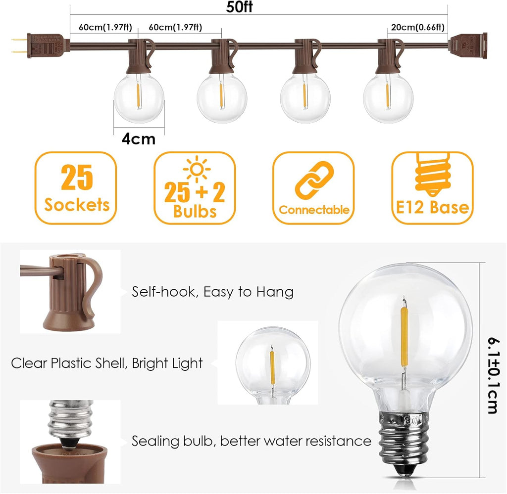 Mlambert 50Ft Outdoor String Lights, G40 Globe Patio Lights with 25+2 Waterproof LED Hanging Plastic Bulbs for Gazebo Pergola Cafe Bedroom-Brown Wire