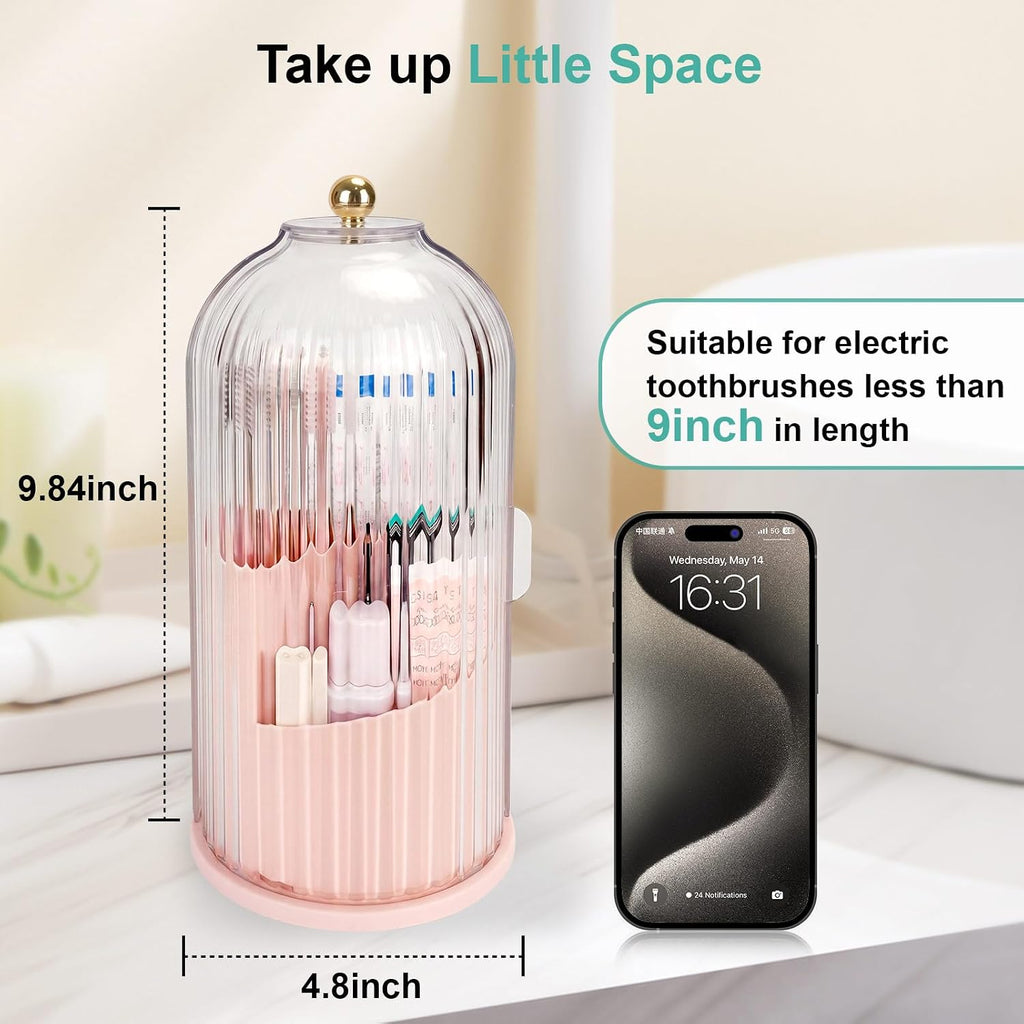 QIYVLOS Toothbrush Holders with Sliding Lid, Rotating 3 Slots Bathroom Organizer Countertop, Tooth Brush Toothpaste Holder Bathroom Counter Stand Sink Organizer Caddy for Makeup Brushes Holder (Pink)