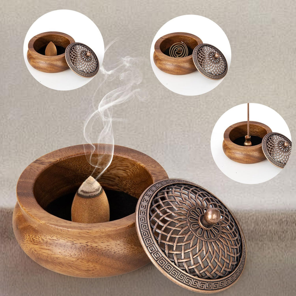 2 Pack Incense Cone Holder, Retro Wooden Cone Incense Burner Holder with Brass Cover, Vintage Bakhoor Burner for Sticks Coil, Frankincense Room Home Decor Yoga Spa Meditation (P)