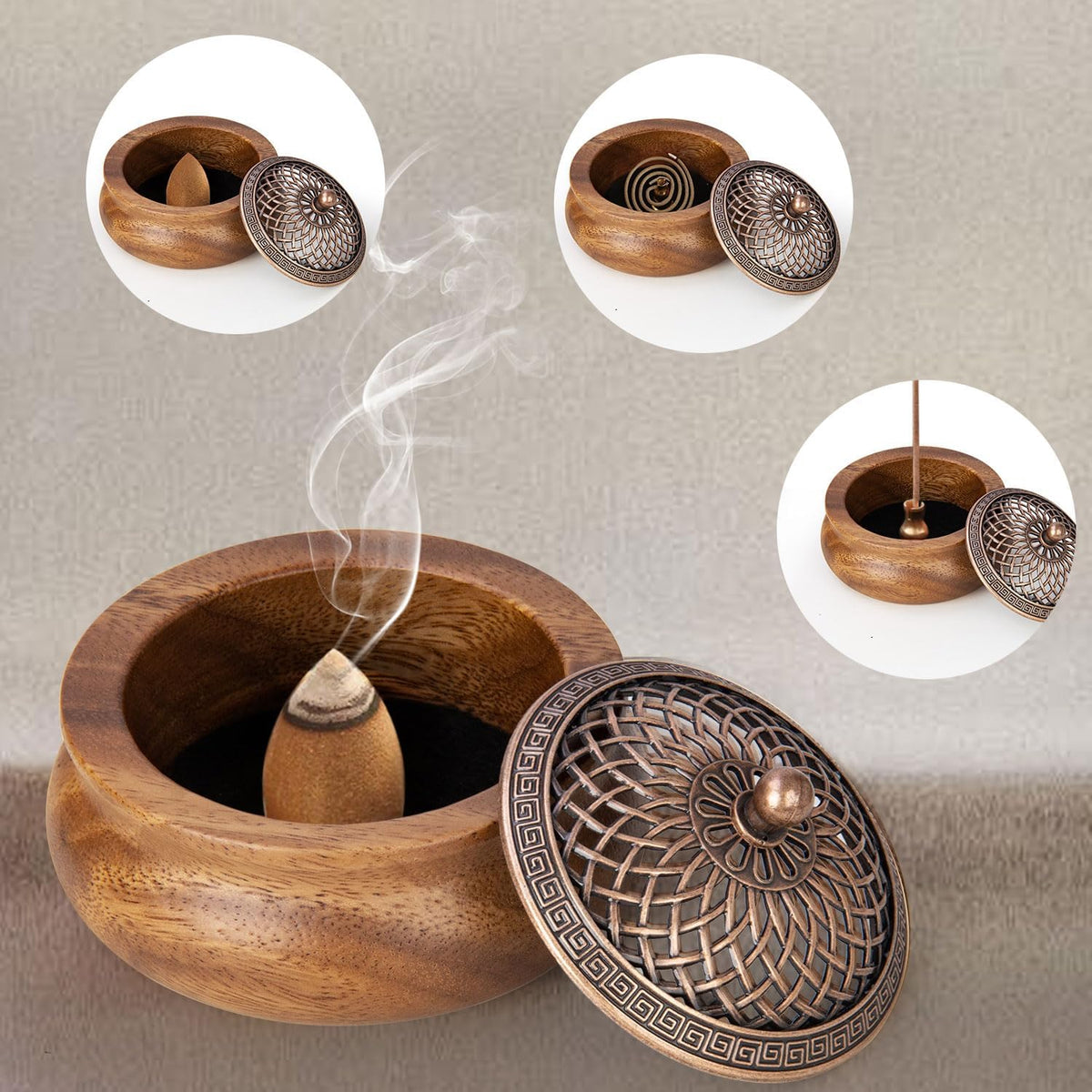2 Pack Incense Cone Holder, Retro Wooden Cone Incense Burner Holder with Brass Cover, Vintage Bakhoor Burner for Sticks Coil, Frankincense Room Home Decor Yoga Spa Meditation (P)
