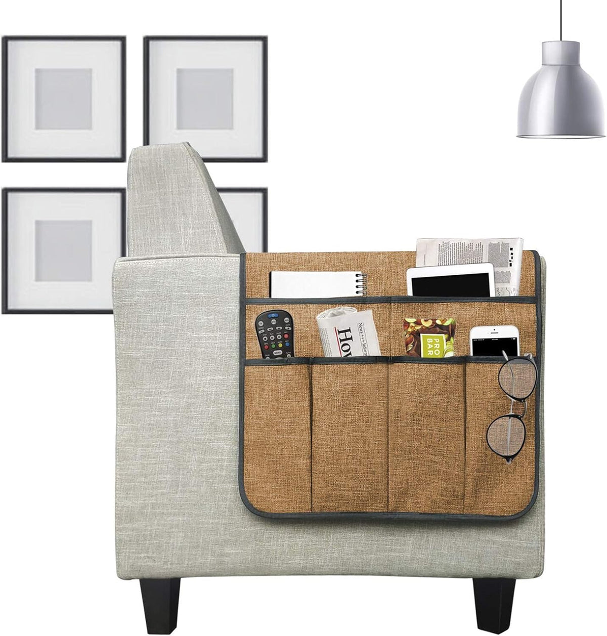 IPENNY Cotton Linen Sofa Couch Remote Control Holder Chair Armrest Caddy Pocket Organizer Storage Bag for Cellphone Tablet Notepad Book Magazines DVD Eyewears Drinker Snacks Holder Pouch