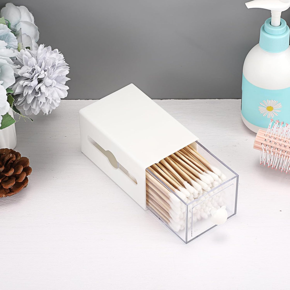 Qtip Holder Plastic Bathroom Dispenser Accessories Storage Canister Wall Mounted Apothecary Jar for Q-tip Cotton Swab Balls Pads Small Vanity Organizer with Double-sided Drawer