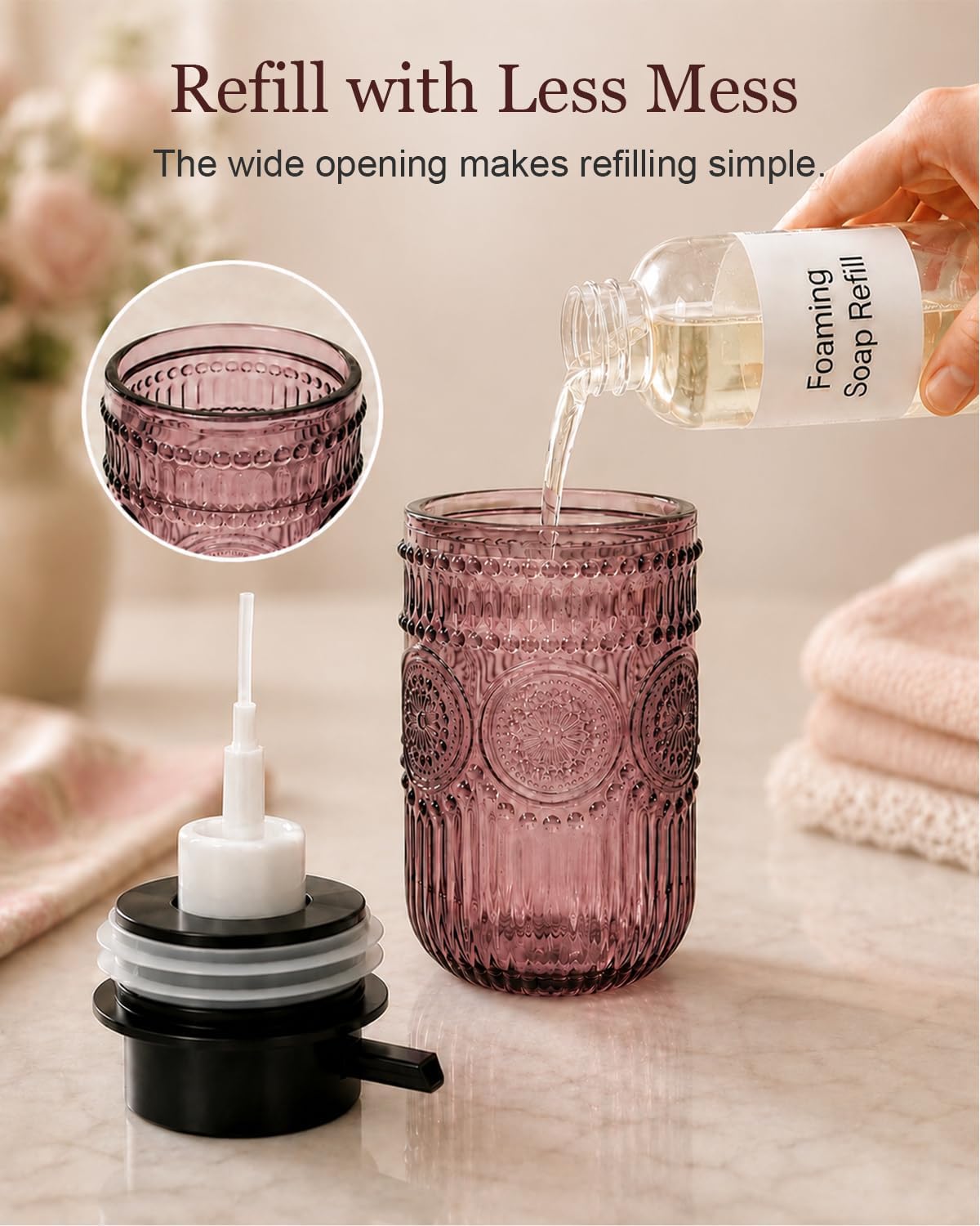 Foaming Soap Dispenser, Vintage Embossed Glass Foam Soap Dispenser, Purple