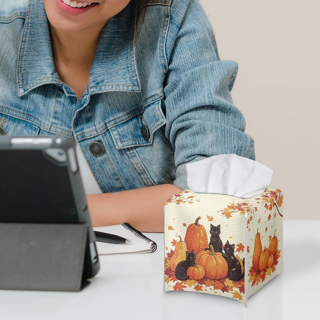 Pumpkin Black Cat Tissue Box Cover PU Leather Square Tissue Holder