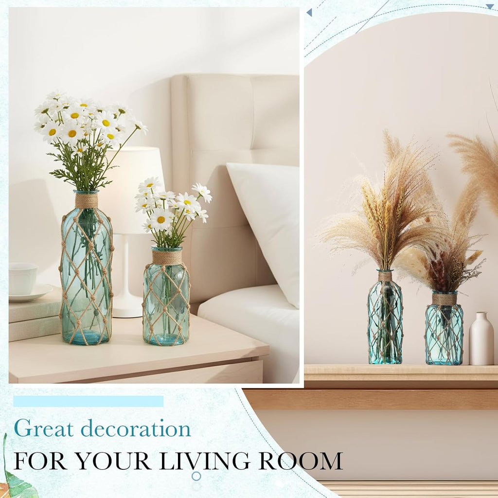 Chuangdi Set of 2 Coastal Glass Flower Vase with Boho Rope, Light Blue