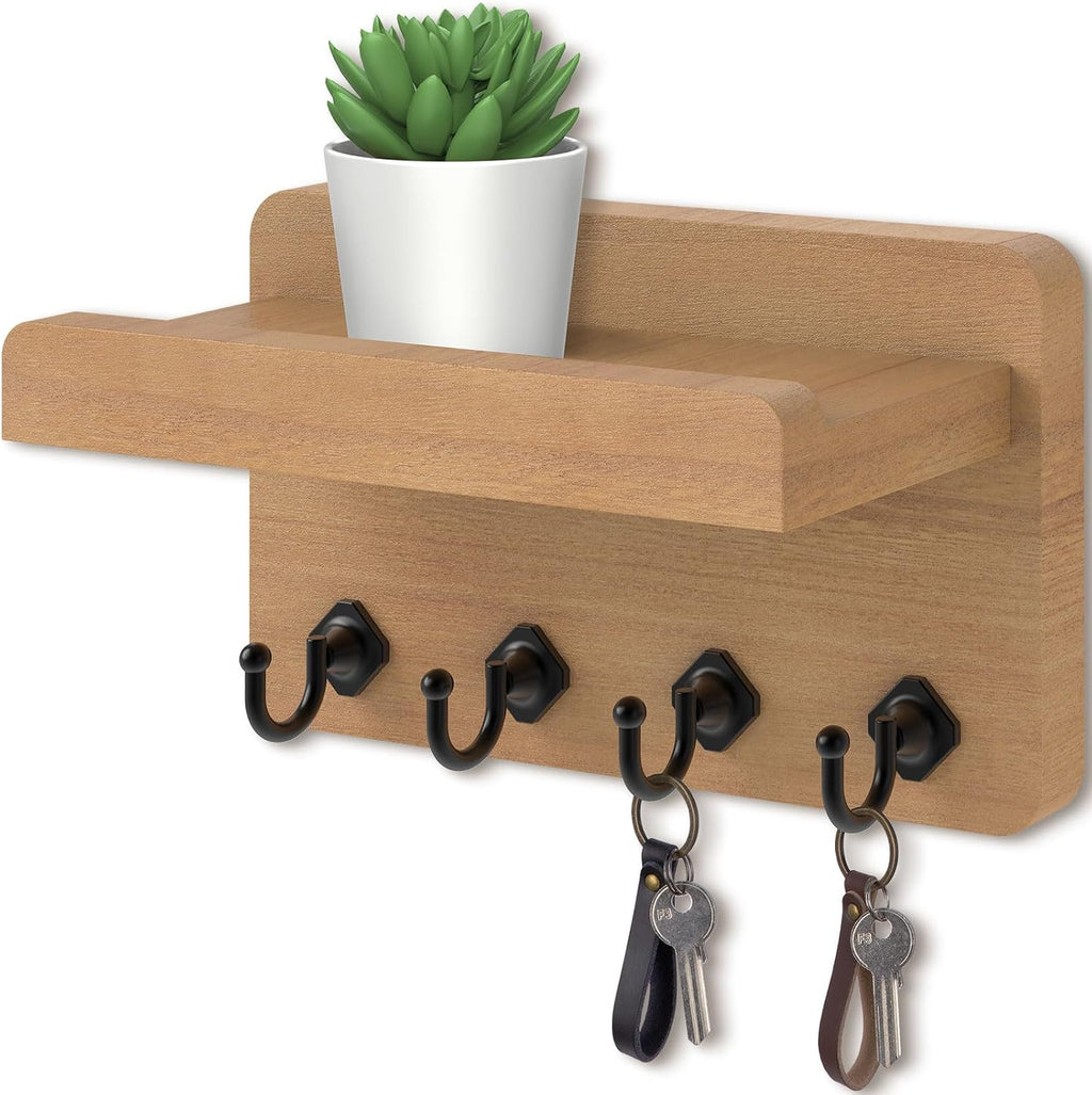 Nekon Key Holder Wall Mount, 8.5 Inch Small Wooden Wall Organizer, Wood