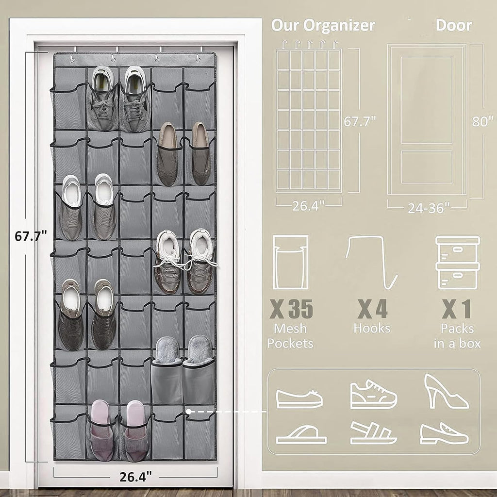 35 Large Pockets Over The Door Shoe Organizer – Sturdy Oxford Fabric Hanging Shoe Rack with Mesh Pockets, Door Shoe Rack with 4 Metal Hooks, Space-Saving Shoe Holder, Gray