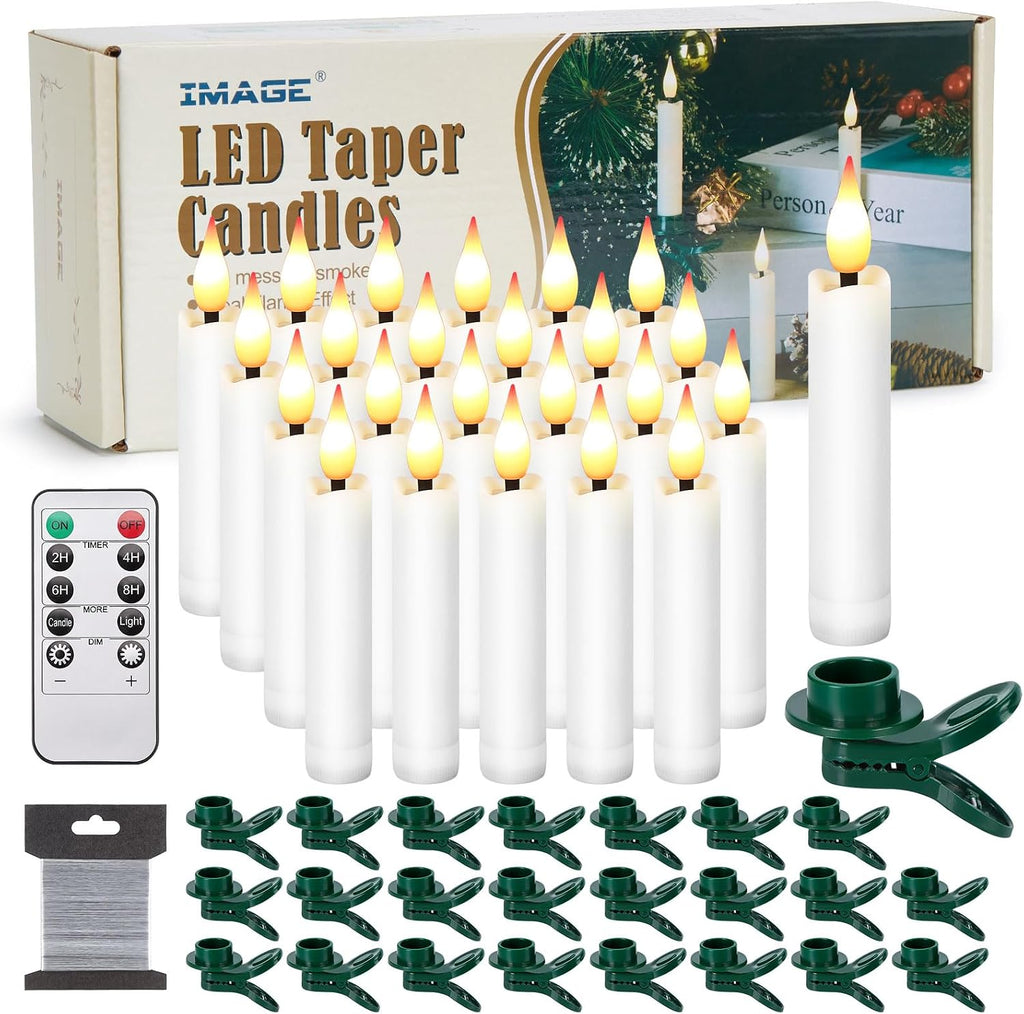 IMAGE 3.8 Inch Flameless Taper Candles with Remote, 12 Pack Battery Operated Clip On Candles for Christmas Tree, Warm White LED Candles with 3D Flickering Wick and Timer