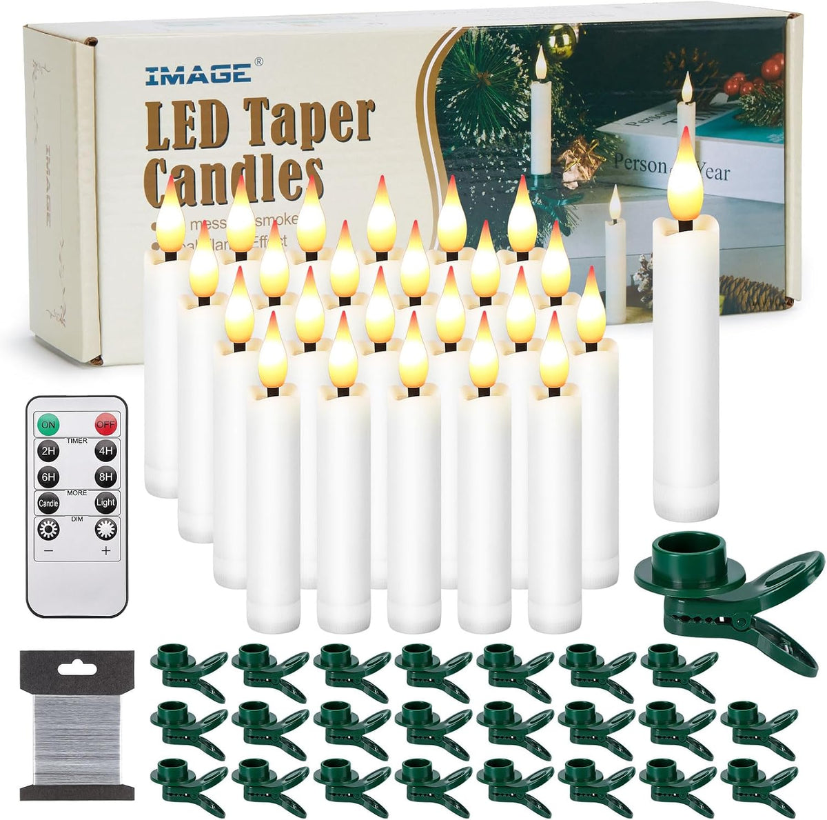 IMAGE 3.8 Inch Flameless Taper Candles with Remote, 12 Pack Battery Operated Clip On Candles for Christmas Tree, Warm White LED Candles with 3D Flickering Wick and Timer