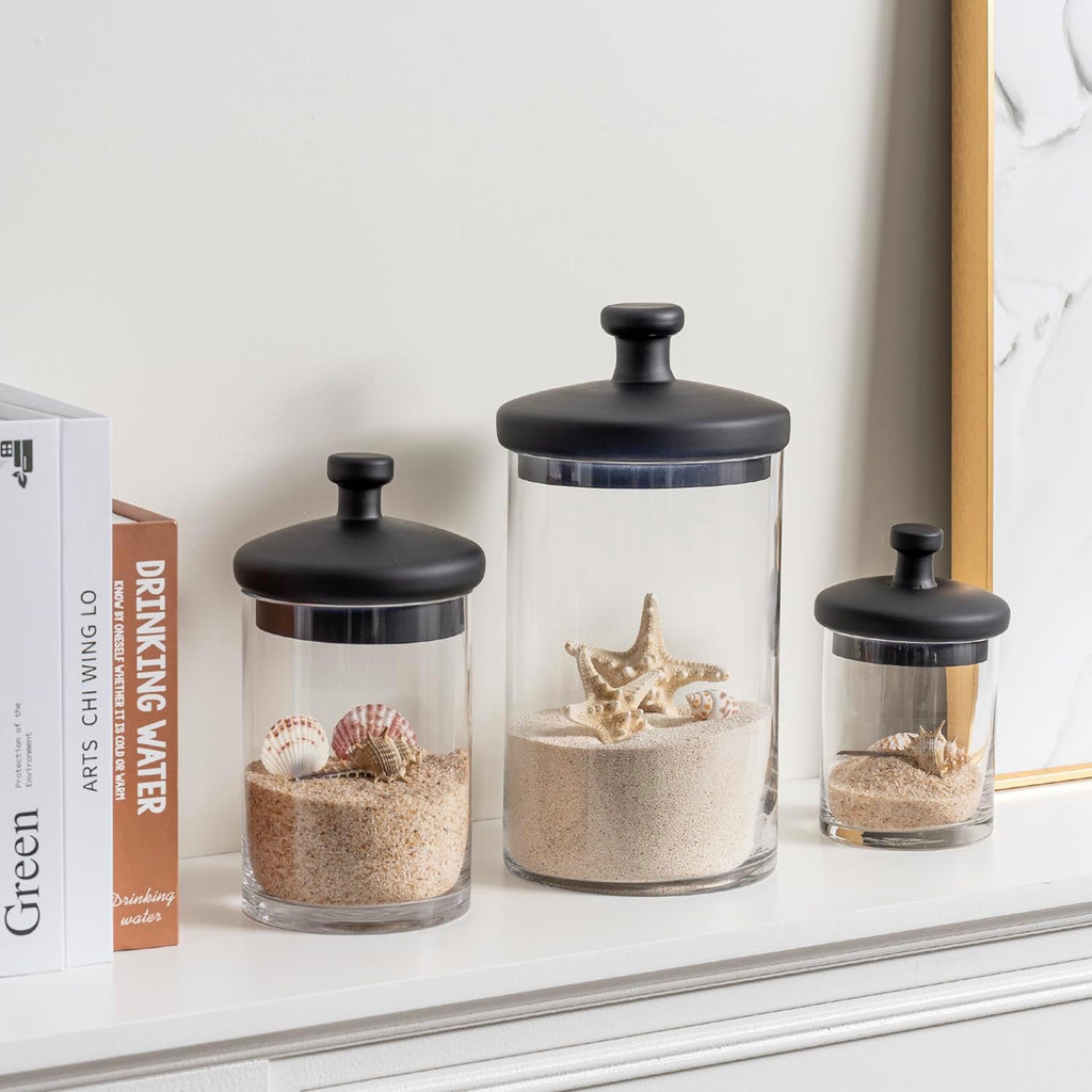 MyGift Glass Apothecary Jars with Black Lids, Set of 3 Storage Canisters