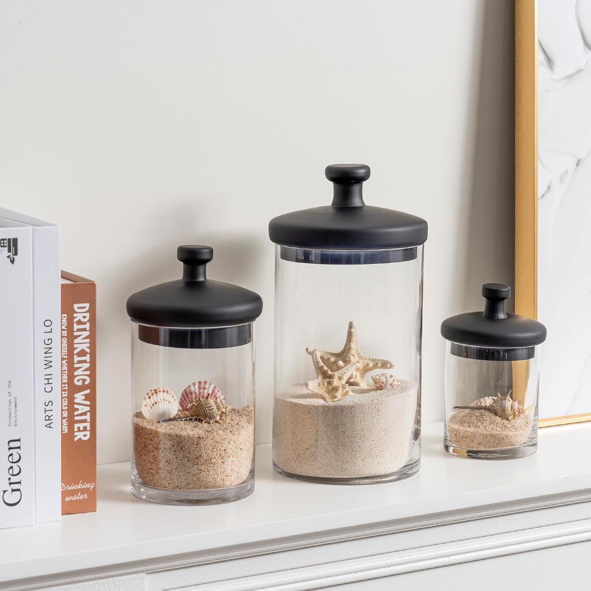 MyGift Glass Apothecary Jars with Black Lids, Set of 3 Storage Canisters