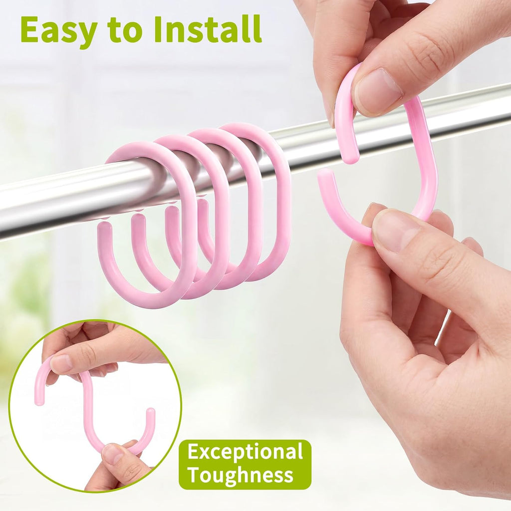24 Pack Plastic Shower Curtain Hooks, Goowin C Shaped Pink Shower Curtain Rings Rust Proof, Anti-Drop Shower Curtain Hangers Shower Hooks for Shower Curtain, Bathroom Shower Rings for Curtain, Pink