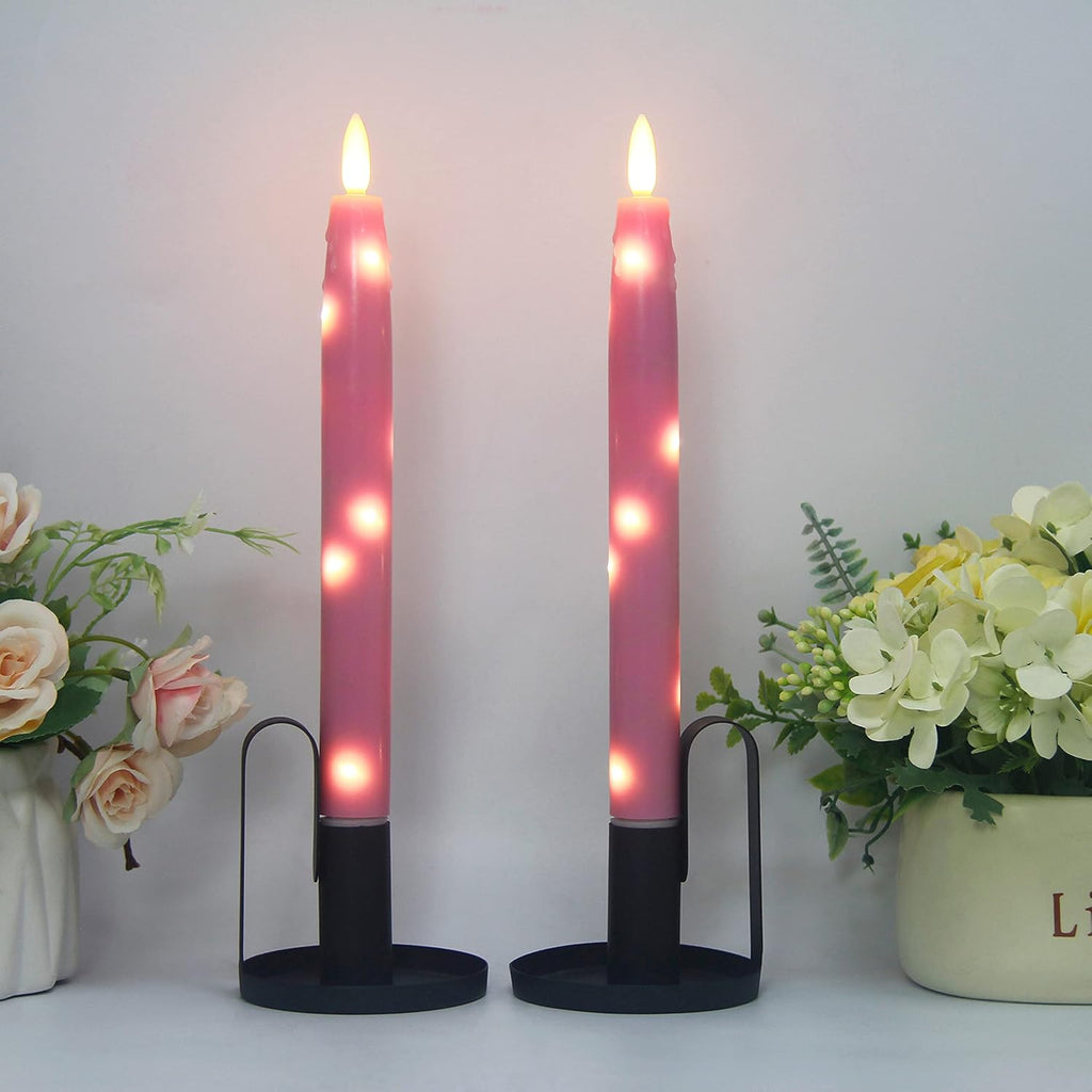 Flameless Flickering Taper Candles Battery Operated with Embedded String Lights, wtih Timer and Remote, LED Real Wax Tapered Dinner Candle Set of 2 (Pink)