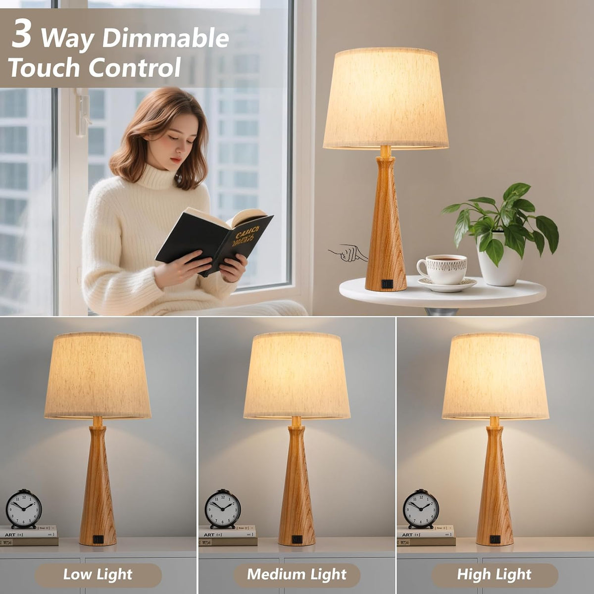 Modern Touch Table Lamps for Living room Set of 2（Imitated Wood Base）