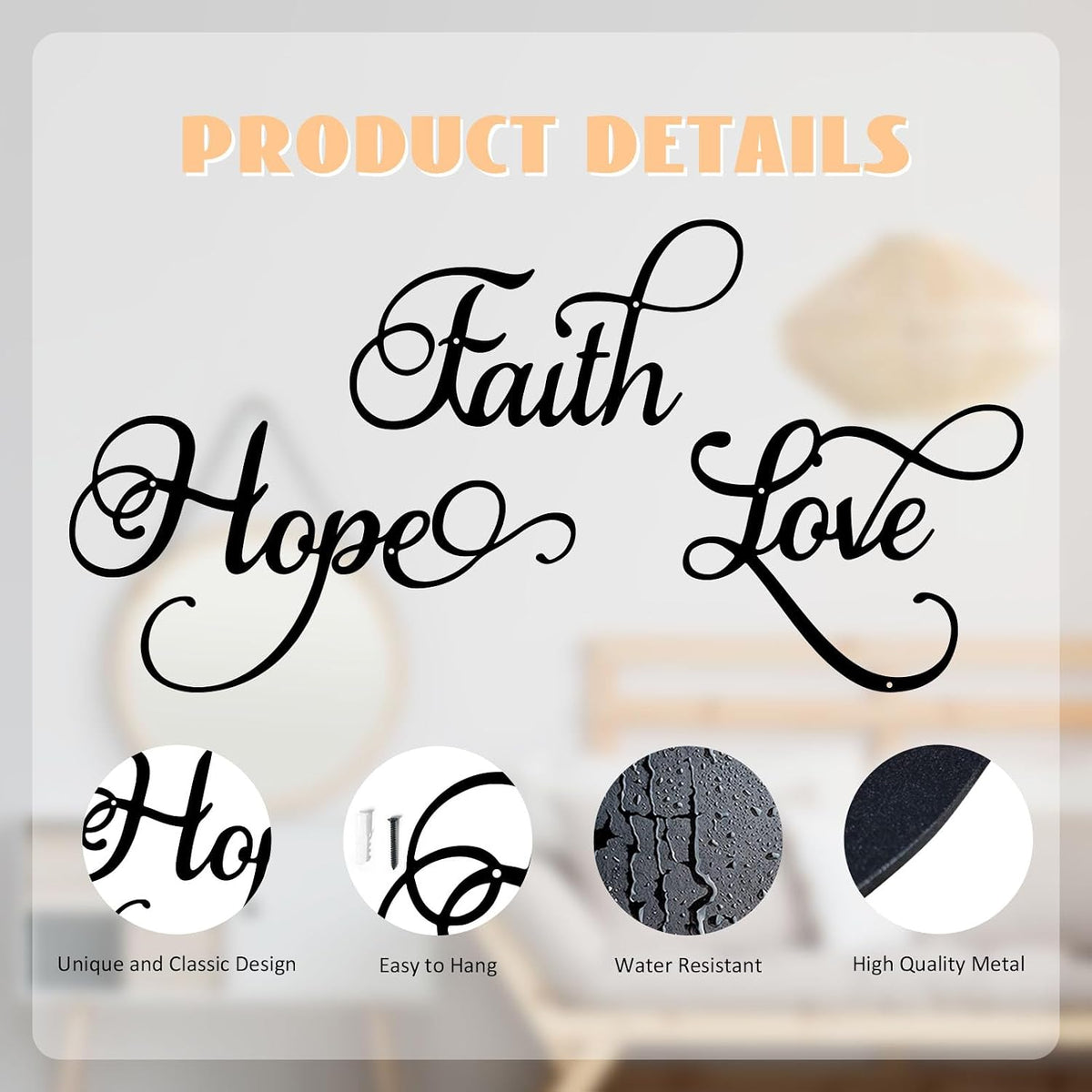 ESTART Faith Hope Love 3Pcs Black Metal Farmhouse Inspirational Wall Sign
