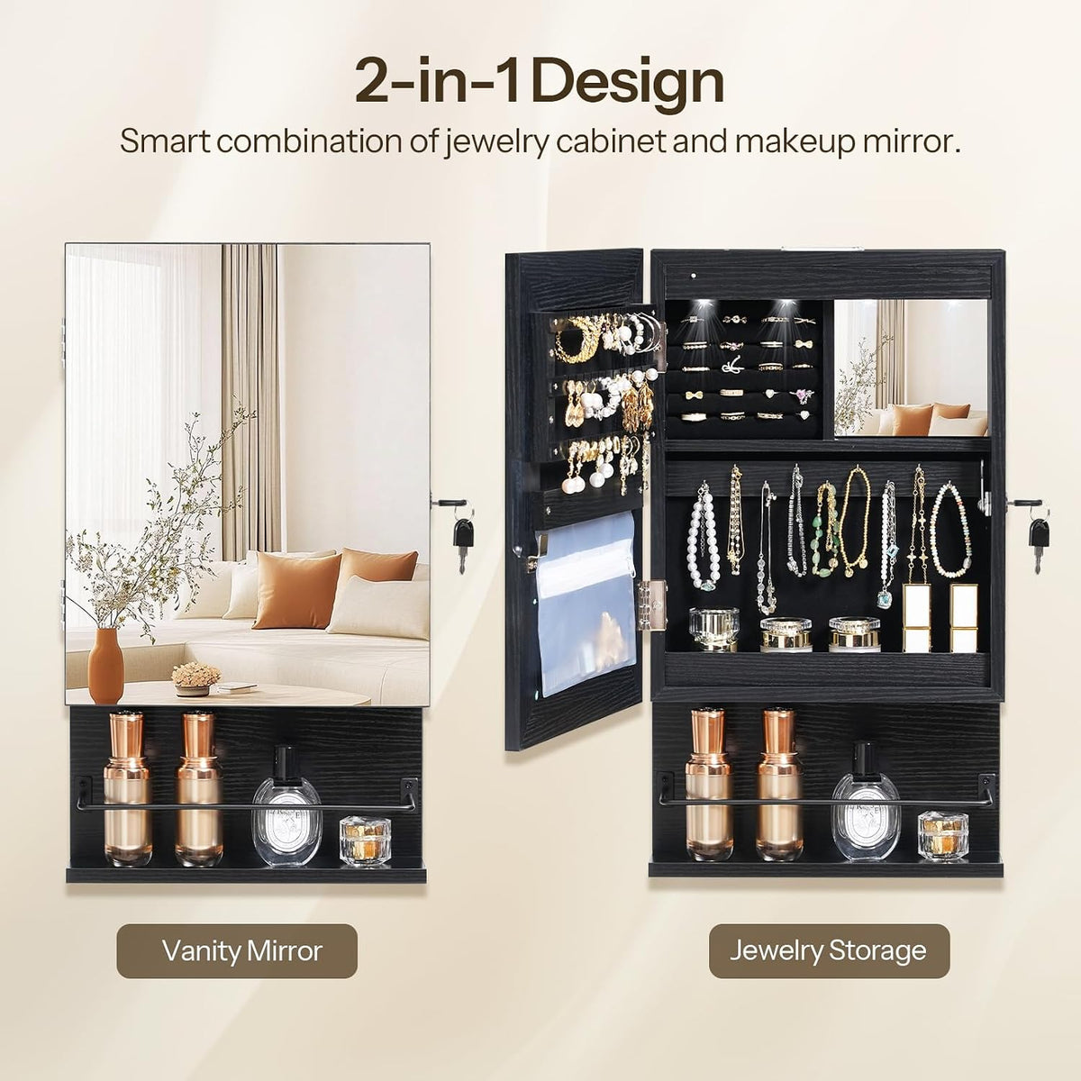 HOOBRO Wall Mounted Jewelry Cabinet, LED Jewelry Armoire with Interior Mirror, Hanging Jewelry Organizer for Wall, Lockable Jewelry Storage Cabinet, 3.9 x 11.8 x 20.9 Inches, Black