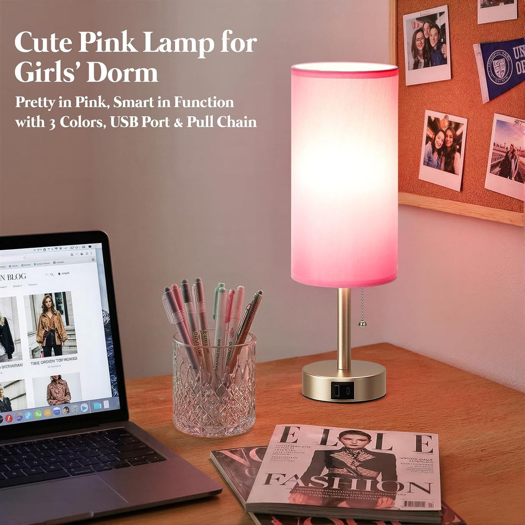 Pink Bedside Table Lamp for Bedroom - Small Nightstand Lamp for Girls