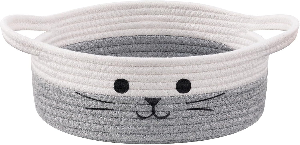 Small Woven Rope Cat Toy Basket with Cat Face Design, White Grey