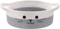 Small Woven Rope Cat Toy Basket with Cat Face Design, White Grey
