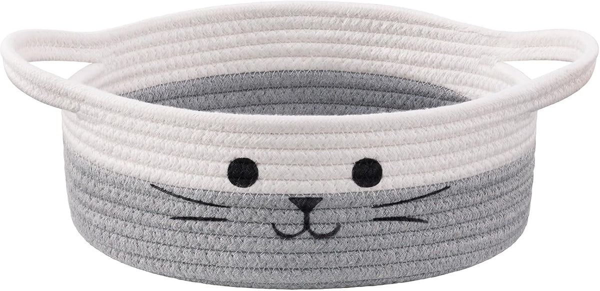Small Woven Rope Cat Toy Basket with Cat Face Design, White Grey