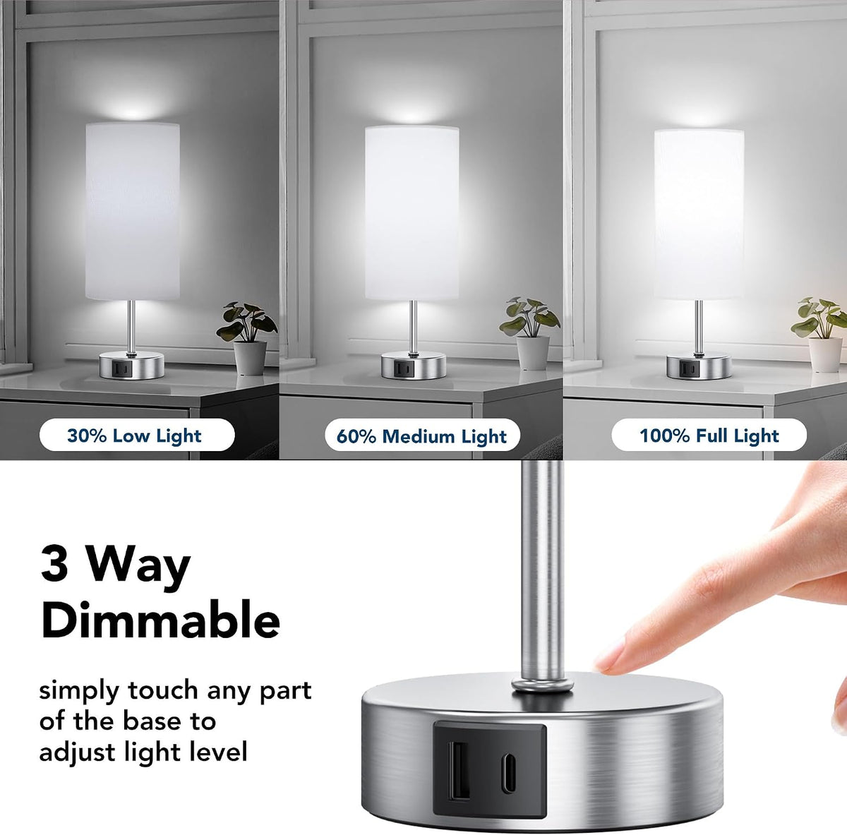 ROTTOGOON 12.8" Touch Control Table Lamp, 3-Way Dimmable Small Bedside Nightstand Lamp with 2 USB Ports, Modern Table Lamps with 6500K Daylight LED Bulb for Bedroom Living Room
