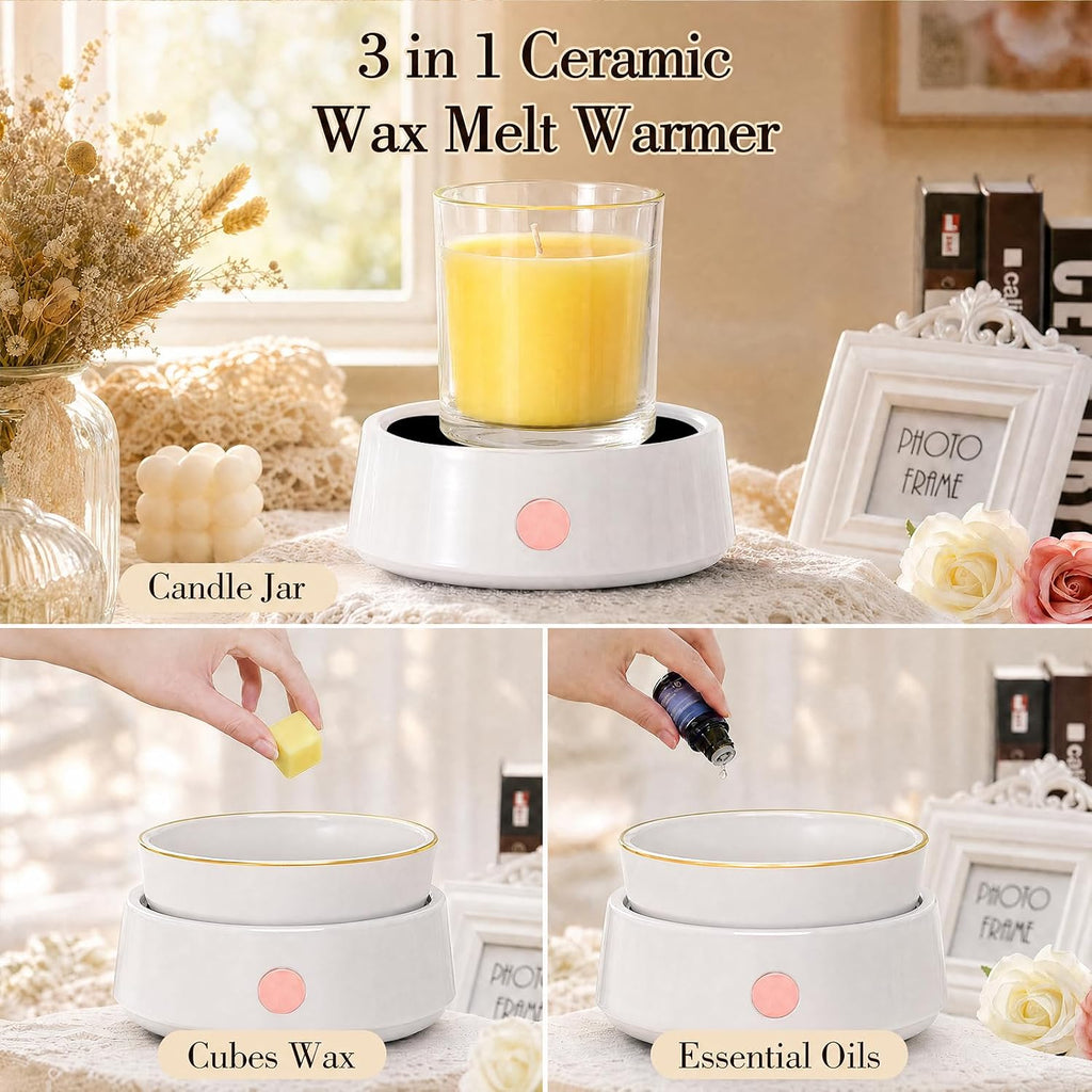 3-in-1 Electric Wax Melt Warmer - Essential Oil and Candle Burner, Ceramic Fragrance Warmer for Scented Tarts, Jars, Oils - Home, Office, Bedroom Gift Decor