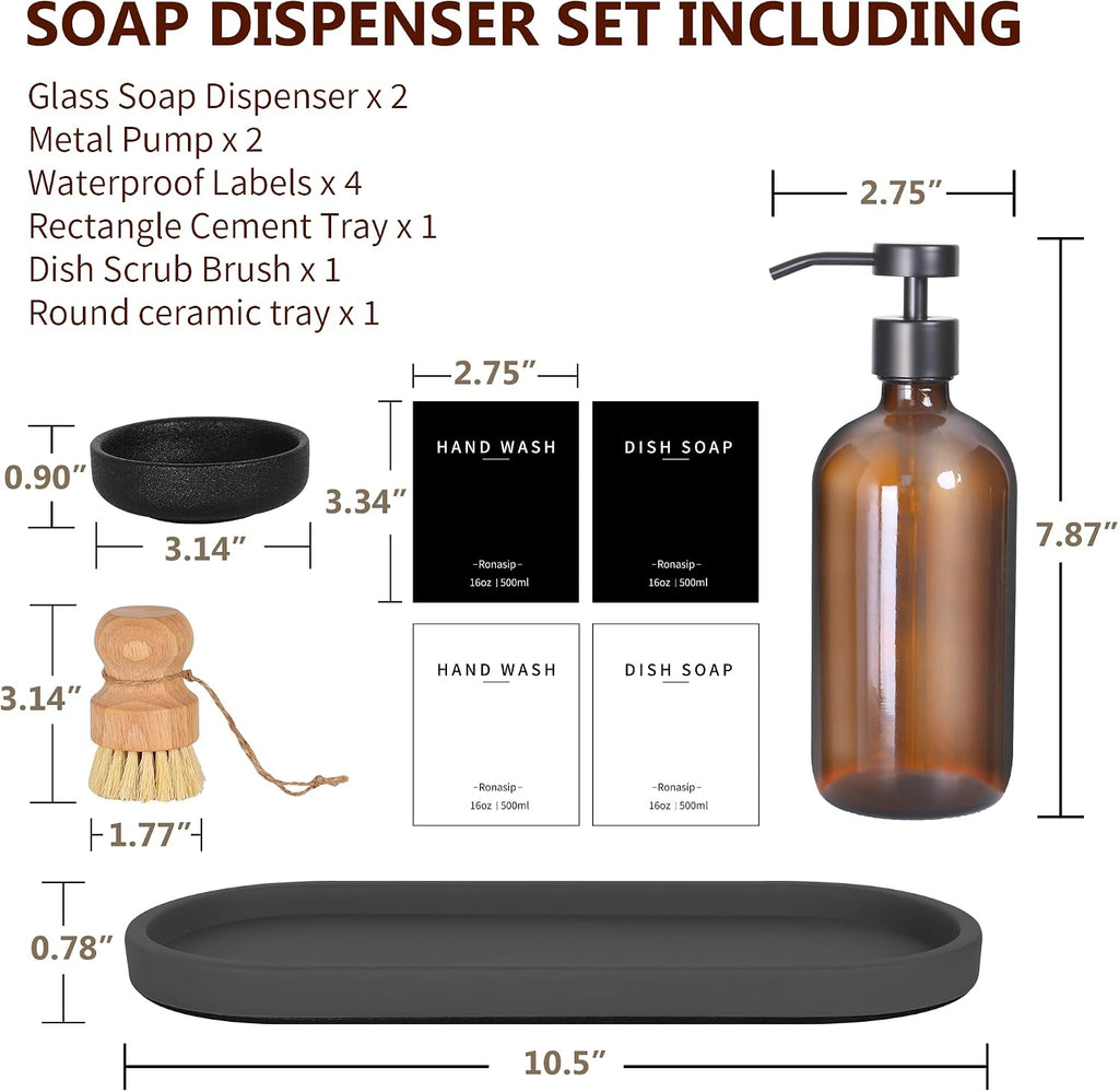Ronasip Set of 5 Kitchen Soap Dispenser Set 16 Oz Glass Hand Dish Soap Dispenser with Stainless Steel Pump, Cement Tray, Dish Scrub Brush for Farmhouse Rustic Home Bathroom Decor (Brown)
