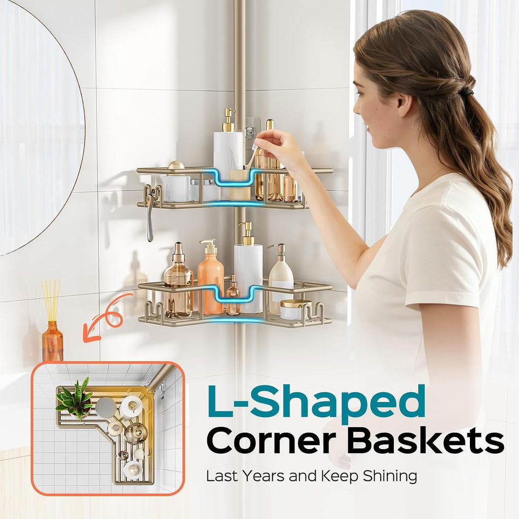 HAMITOR No-Drill Shower Rack, 4-Tier Corner Rustproof Tension Pole, Khaki