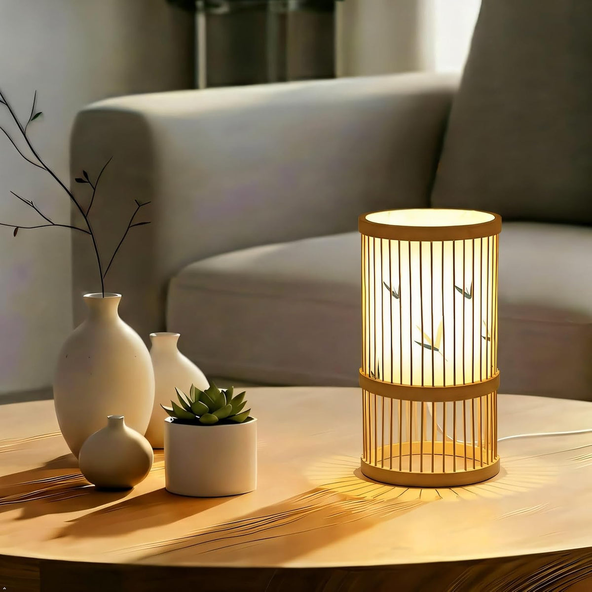 AFORTLO Table Desk Lamp,Janpandi Bamboo Boho Decorative Nightstand Night Light Japanese Hollow-Out Lamp Home Decor for Bedroom,Living Room,End Table or Office with Bulb(Bamboo Leaves)