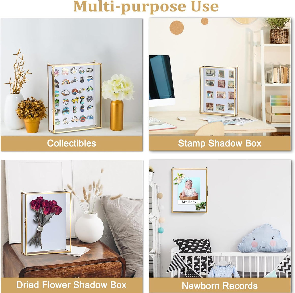 ELLDOO Shadow Box Frame 8x10inch - Glass Display Case with White Foam Backplane and Pins for Tabletop and Wall Display, Gold Metal Keepsakes Memory Box for Wedding Bouquet Memorabilia Medals Photos