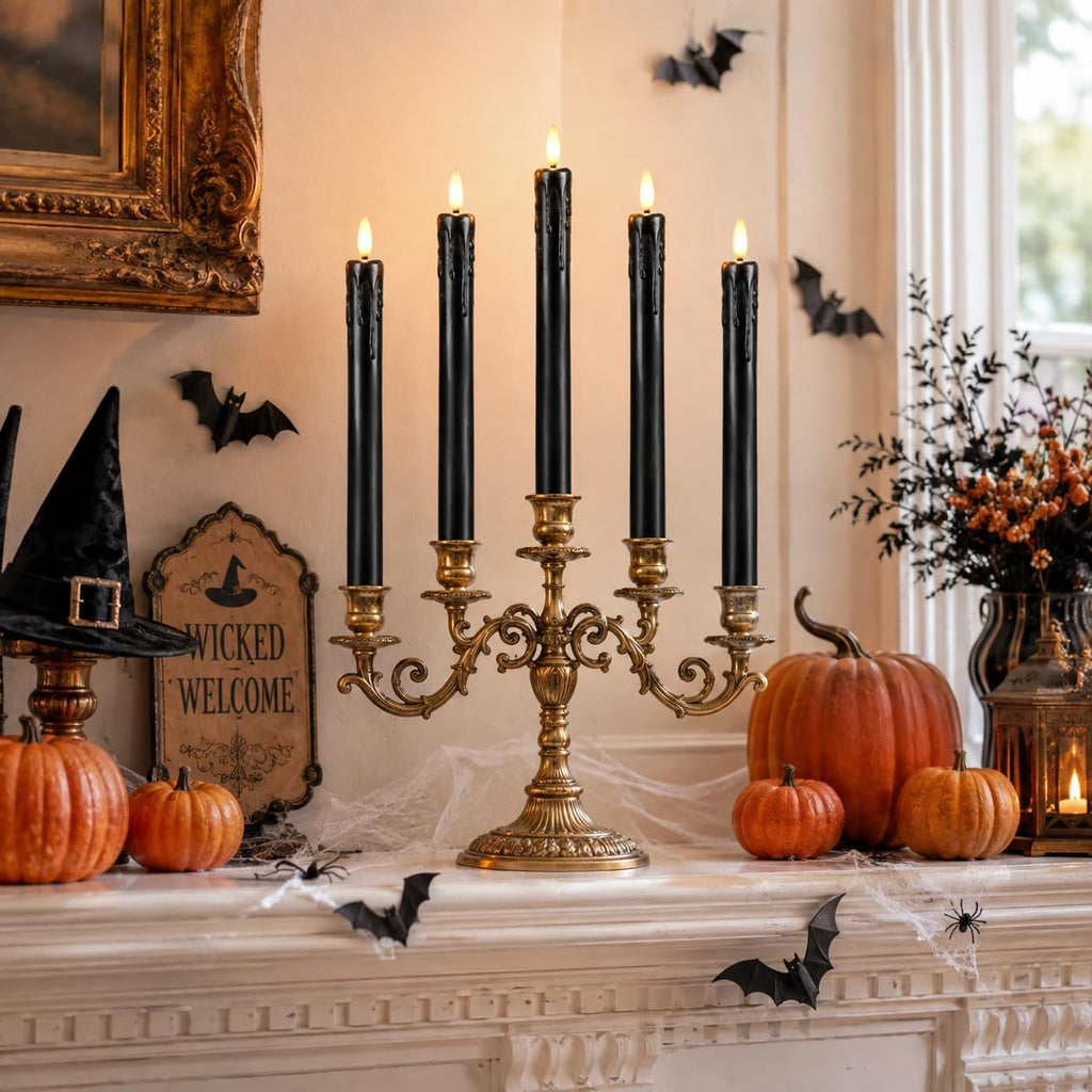 Black Flameless Taper Candles, Halloween Indoor Party Decorations, Real Wax