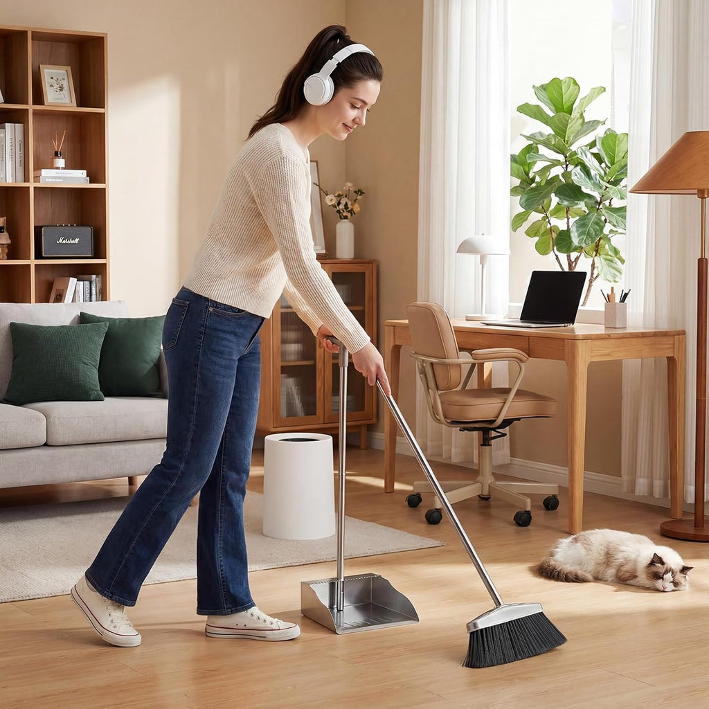Dustpan with Broom Set,Long Handle Stainless Steel Dustpan and Broom Combo