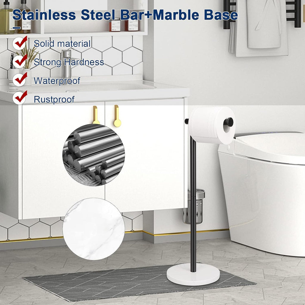 NearMoon Bath Toilet Paper Holder Stand- Modern Tissue Roll Holder Standing with Balanced Base, Rustproof Toilet Roll Holder for Bathroom/Kitchen Countertop (Matte Black, Marble Base)