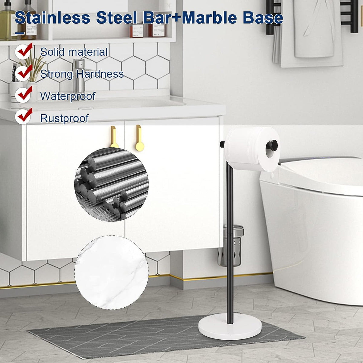 NearMoon Bath Toilet Paper Holder Stand- Modern Tissue Roll Holder Standing with Balanced Base, Rustproof Toilet Roll Holder for Bathroom/Kitchen Countertop (Matte Black, Marble Base)