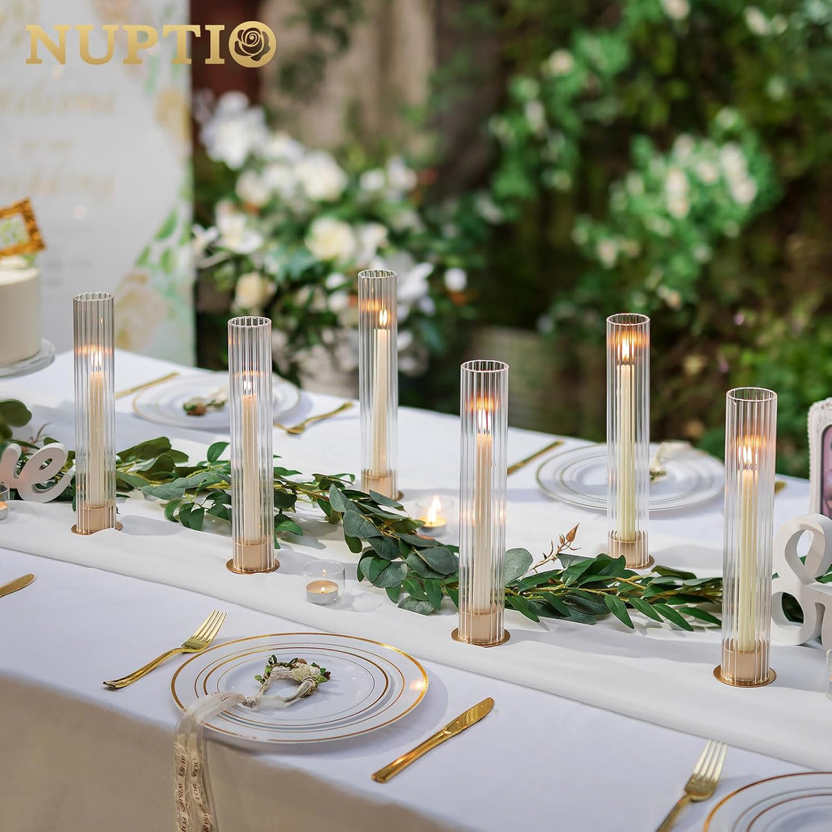 NUPTIO Hurricane Glass Candle Holders, Set of 10 Gold Taper Candle Holders
