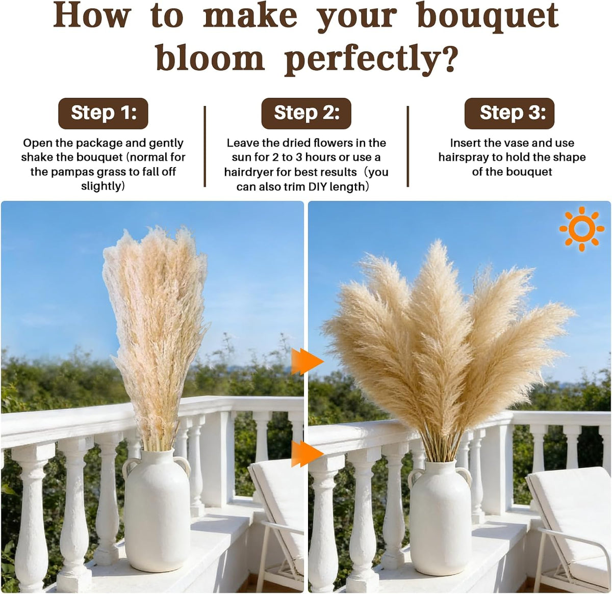 12 Stems 46" Tall Pampas Grass Decor Extra Fluffy Natural Dried Flowers