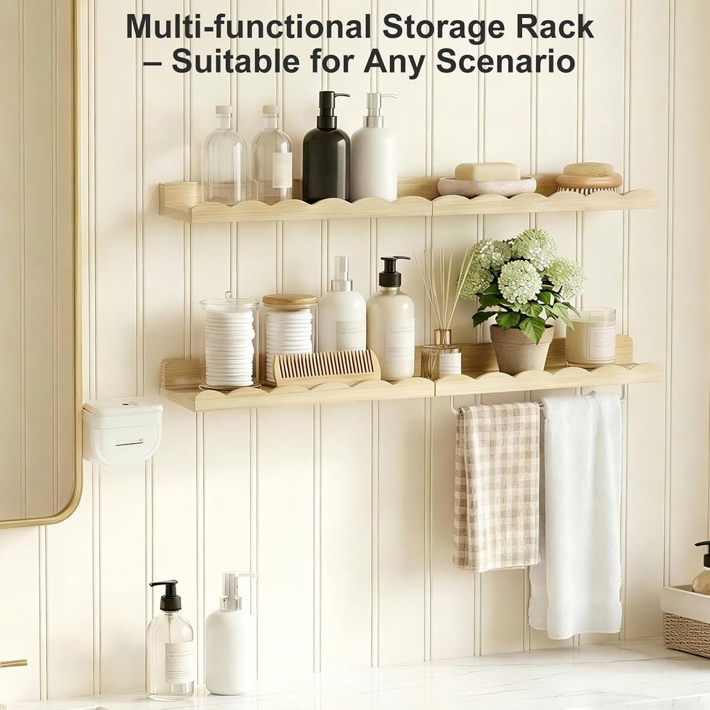 Fixwal Nursery Book Shelves, 16.5 Inch Floating Bookshelves for Wall Set of 4, Scalloped Wall Book Shelves with Towel Rack for Kids, Toddler Room, Baby Room, Nursery Decor and Storage(Natural Wood)