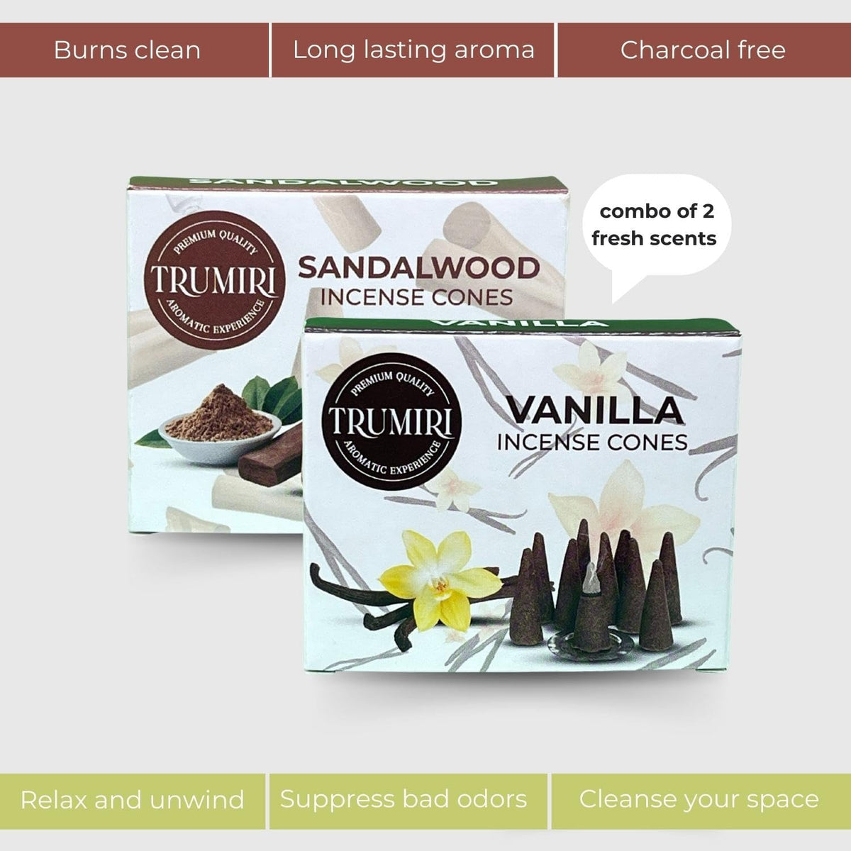 TRUMIRI Incense Cones - Combo Pack of 20 Cone Incense - 10 Vanilla + 10 Sandalwood - Insence Cones - Incense Cones Scented - Cone Incense Scents - Insense Cones - Incent Cone