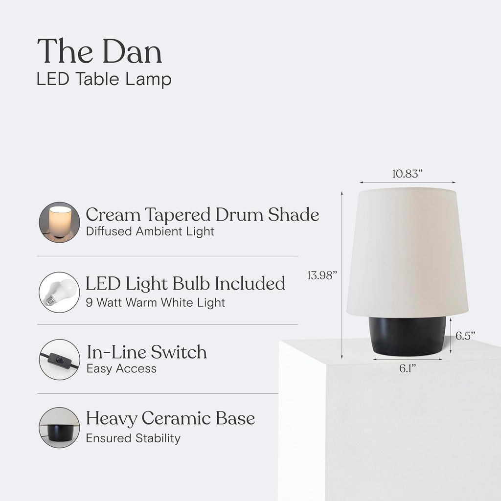 Brightech Dan LED Desk and Table Lamp - Modern Mushroom Style Ceramic Lamp for Bedroom, Bedside, Desk, Office - Cozy Corner Nightstand Light with Small Lamp Shade - Tiny Lamp with Black Ceramic Base