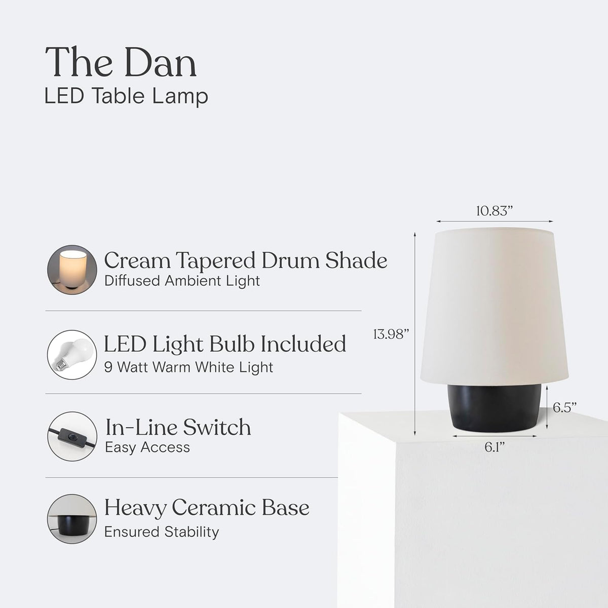Brightech Dan LED Desk and Table Lamp - Modern Mushroom Style Ceramic Lamp for Bedroom, Bedside, Desk, Office - Cozy Corner Nightstand Light with Small Lamp Shade - Tiny Lamp with Black Ceramic Base