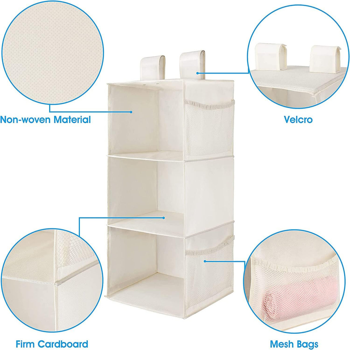 MAX Houser 2 Pack 3 Shelf Hanging Closet Organizer with 2 Velcro, Beige
