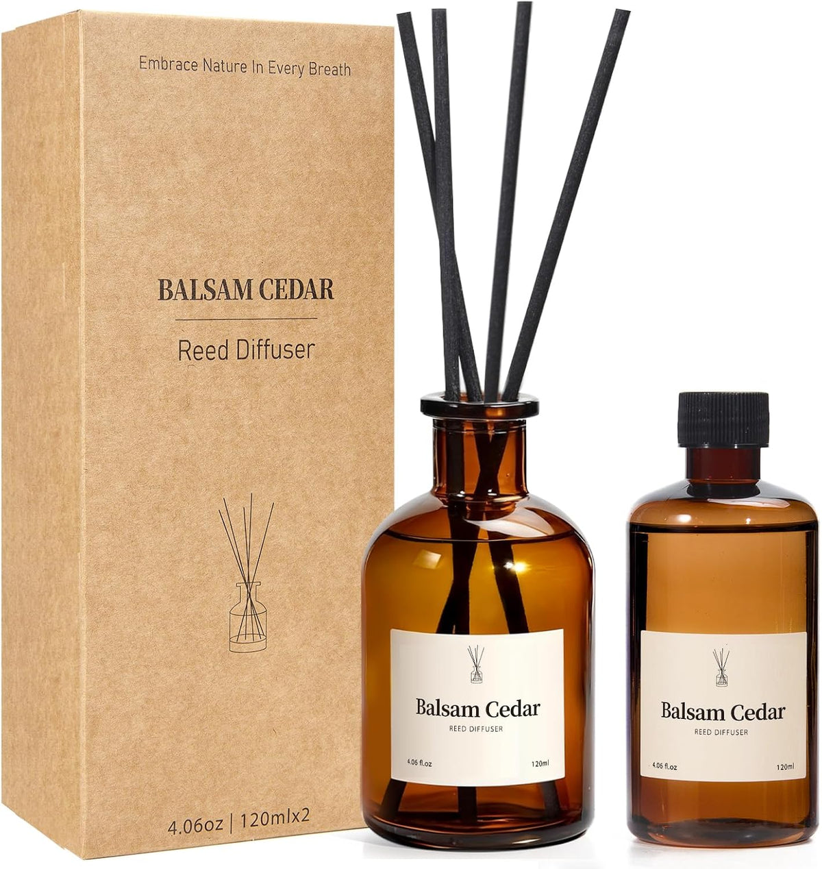 Balsam Cedar Reed Diffuser Set - Includes Reed Diffuser Sticks, 2 Pack Fragrance Oil and Glass Bottle, Reed Diffusers for Home Bathroom Shelf Decor & Gift, Air Fresheners (8.12 fl.oz)