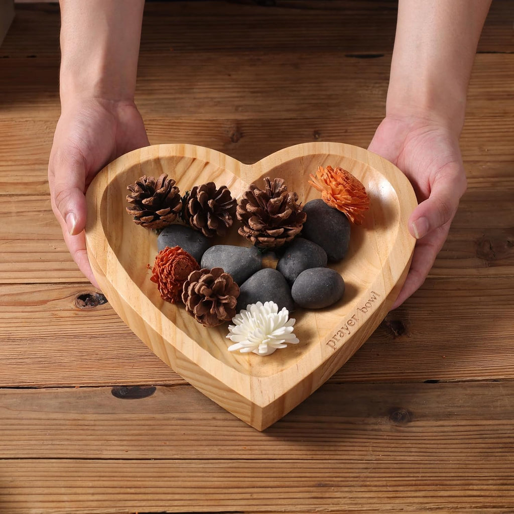 Wooden Prayer Bowl with 24 Blessing Cards, Heart Shaped Bowl with Engraved Cross and Text, Enhance Home Decor or Prayer Room Ambiance(Dark Yellow)