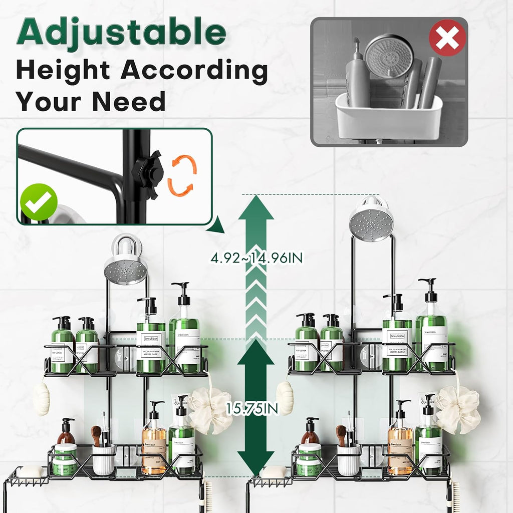 Sewulidon Stainless Steel Hanging Shower Caddy for Handheld Shower Heads,Adjustable Height Extra Long Bathroom Shower Organizer Hanger Rack with Hooks,Soap Holder