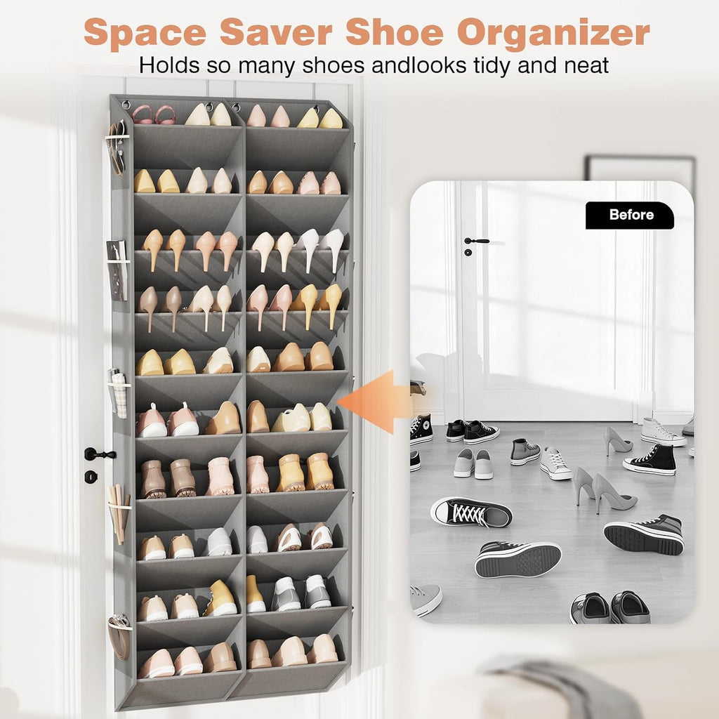 LANTEFUL Over the Door Shoe Organizer, Hanging Shoe Rack for Closet Door Shoe Storage for 30 Pairs Sneaker and Boots, Large Shoe Holder for Door with 10 Side Pockets, Space Saving, Grey