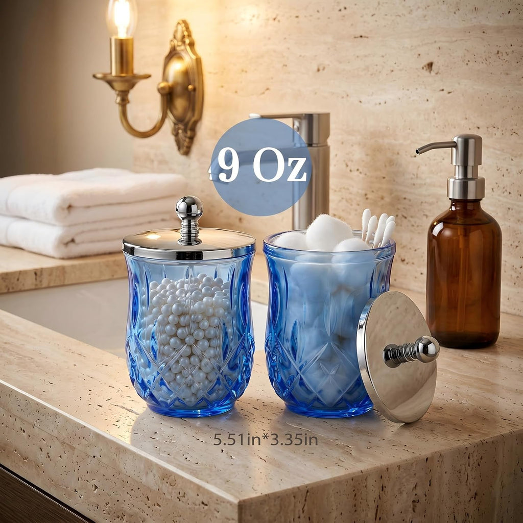2 Pack 10Oz Blue Q-Tip Holder, Round Thick Glass
